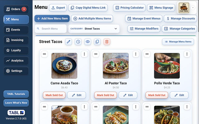 TABL food truck POS menu management screen thumbnail