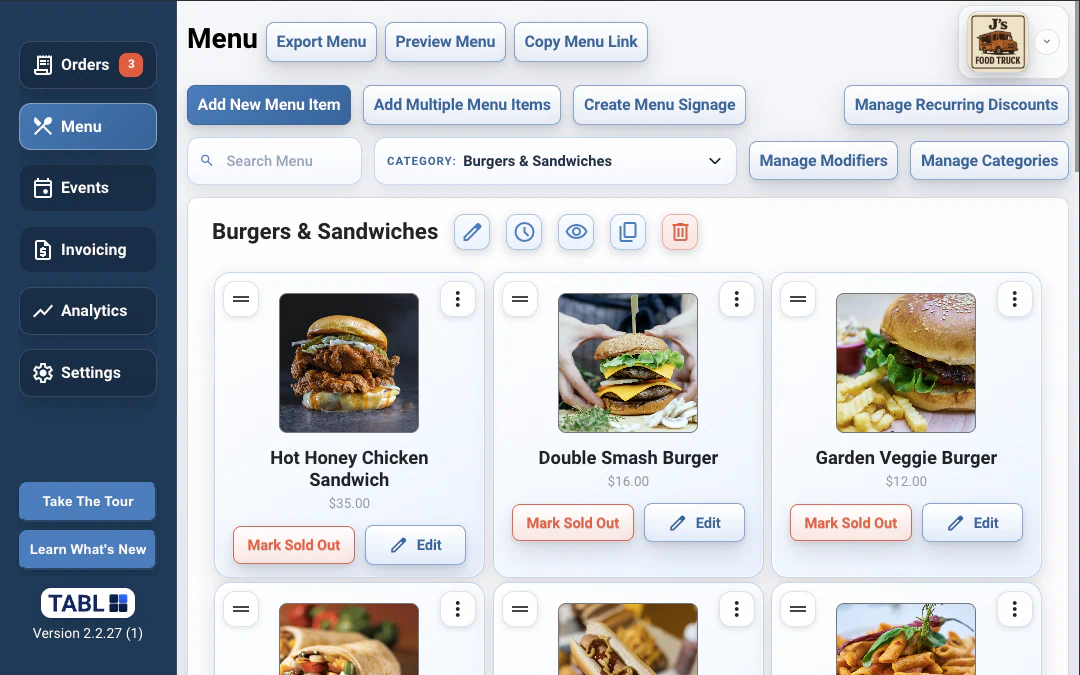 TABL food truck POS menu management screen thumbnail
