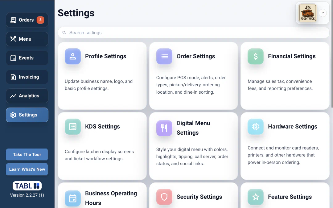 TABL food truck POS settings screen thumbnail